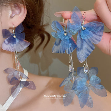 Blue And Purple Sheer Fabric Butterfly Long Hook Earrings