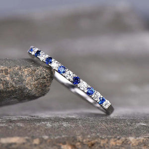 Silver-Tone Slim Band Ring with Alternating Blue and Clear Stones