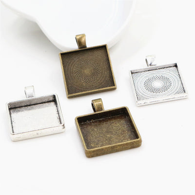 Image 1 showing square pendant bezel settings in four silver and bronze styles in the pictured colors and forms