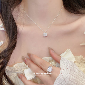 Silver Crystal Cat Face Open Ring Clear Cushion Stone
