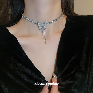 Silver Rhinestone Multi Row Butterfly Tassel Choker Necklace
