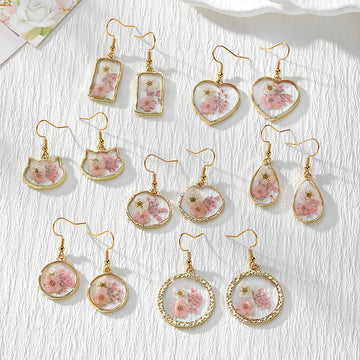 Gold Tone Pressed Flower Geometric Drop Earrings in Seven Shapes
