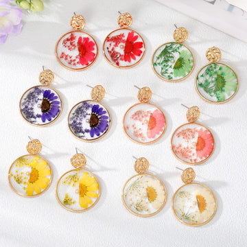 Clear Resin Pressed Flower Round Drop Stud Earrings in Six Colors