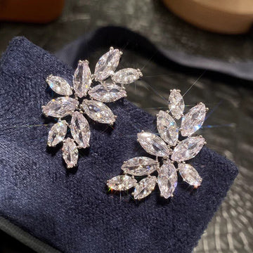 Silver Tone Marquise Crystal Floral Cluster Earrings