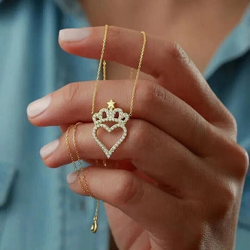 Gold Open Heart Crown Star Pendant Necklace Pave CZ Chain