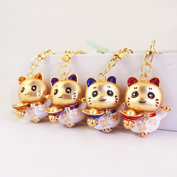Gold Tone Lucky Cat Keychain With Colored Accents And Clear Stone Detail