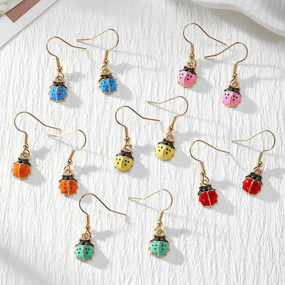 Main product view of gold Tone Colorful Enamel Ladybug Drop Earrings in Six Colors