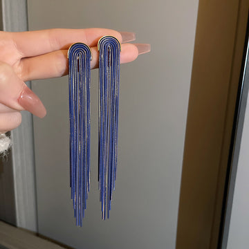 Blue Multi Chain Linear Tassel Earrings Polished Metal Jewelry