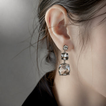 Smoky Gray Faceted Stone Triple Drop Stud Earrings