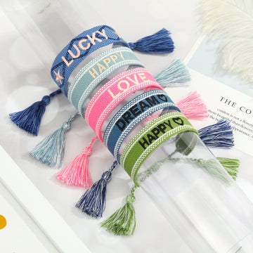 Woven Word Friendship Bracelets with Tassels in Thirteen Designs