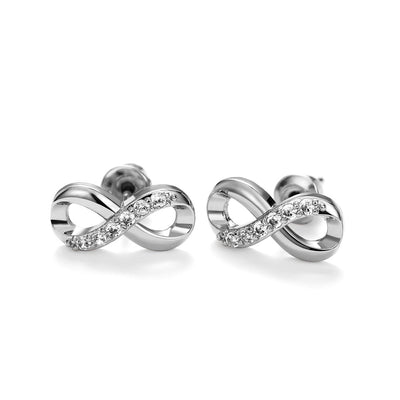 Silver white gold infinity stud earrings on white background