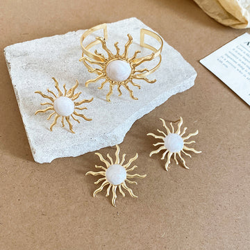 Gold Sunburst Enamel Open Cuff Bracelet Ring Stud Earring Sets