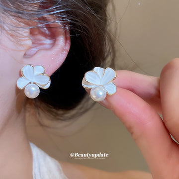 White Petal Flower Pearl Drop Stud Earrings With Polished Metal Details