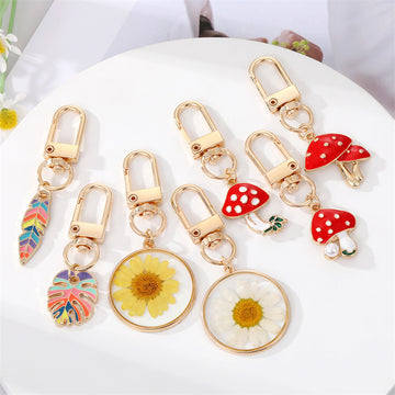 Gold Tone Colorful Feather Flower and Mushroom Clip Keychains