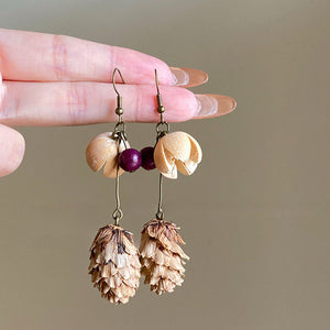 Textured Pinecone Drop Earrings with Brown and Amber Beads