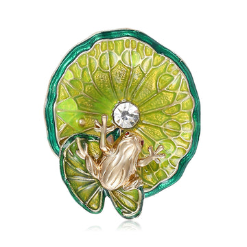 Gold Frog Lily Pad Brooch Green Enamel Rhinestone Pin