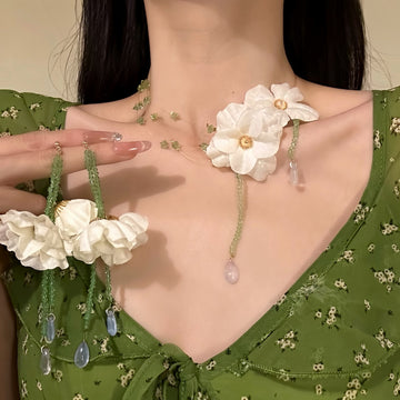 White Fabric Flower Green Bead Necklace Drop Earrings
