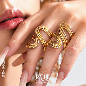 Layered Wire Wave Open Ring in Polished Gold Tone Size Seven