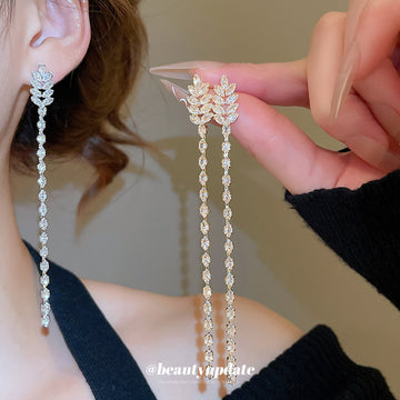 Crystal Leaf Extra Long Chain Tassel Stud Earrings