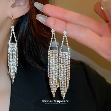 Crystal Triangle Fringe Hook Earrings with Polished Metal Details