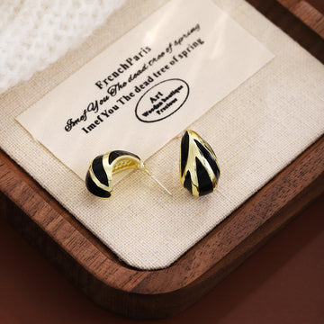 Black Gold Tone Zebra Pattern Teardrop Stud Earrings