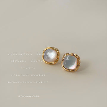 Gold Tone Beaded Square Frame White Pearlescent Stud Earrings