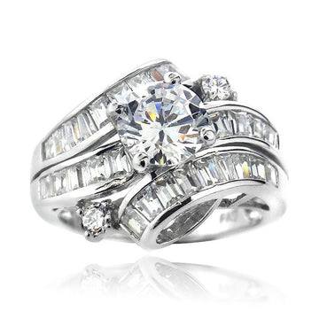 White Metal Bypass Round Center Baguette Cocktail Ring Alloy