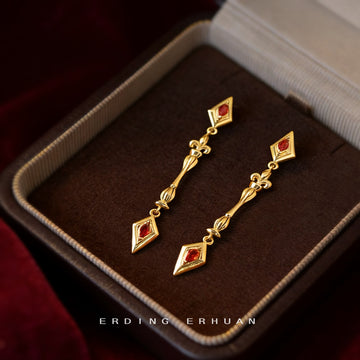 Gold Red CZ Diamond Fleur Link Long Drop Earrings Style