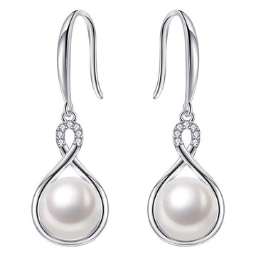 Silver Tone Infinity Cross Pearl Drop Hook Earrings