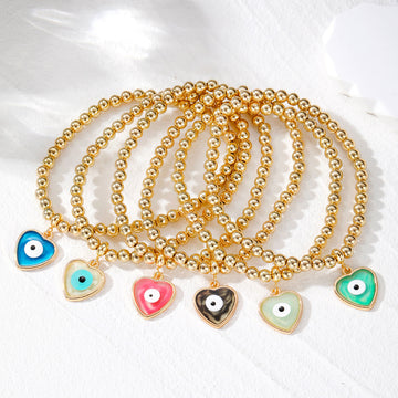 Gold Bead Stretch Bracelet Heart Evil Eye Charm 6 Colors