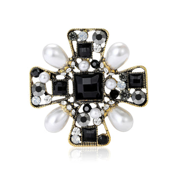 Black Crystal Cross Brooch In 2 Color Variants For Jackets and Scarves
