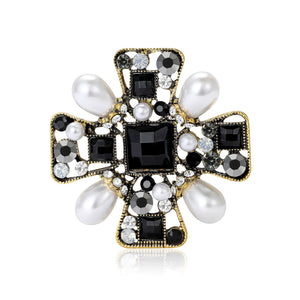 Black Crystal Cross Brooch In 2 Color Variants For Jackets and Scarves