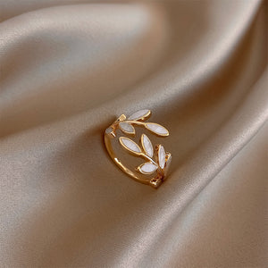 Gold Tone Leaf Open Ring With Pink Ivory Purple Or Blue Inlay