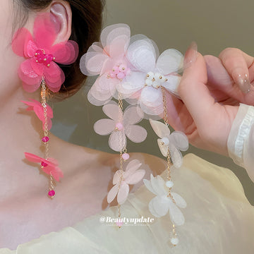 Chiffon Flower Long Dangle Stud Earrings in Three Colors