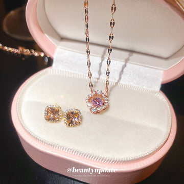 Rose Gold Tone Crystal Studs And Pendant Necklace With Decorative Accents