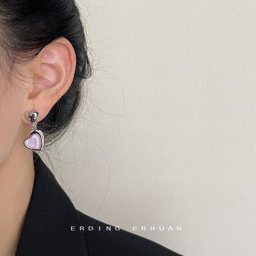 Silver Double Heart Drop Pink Iridescent Stud Earrings