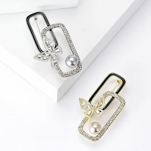 Interlocking Rectangle Butterfly Brooch, Alloy, Pearl-Like Drop