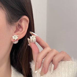 Flower Front-Back Earrings, Faux Pearl Jacket, Rhinestones, Gold-Tone Zinc Alloy