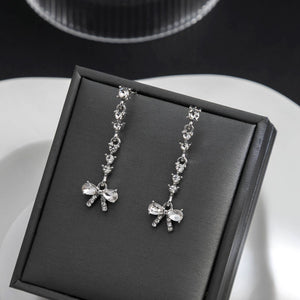 Silver-Tone Clear Stone Bow Line Drop Stud Earrings, 6 cm Long