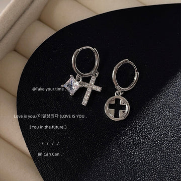 Silver Asymmetric Cross Charm Huggie Hoop Earrings Pair