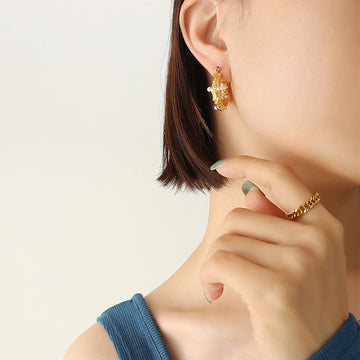 Textured C-Hoop Earrings Faux Pearl Zircon Gold Steel