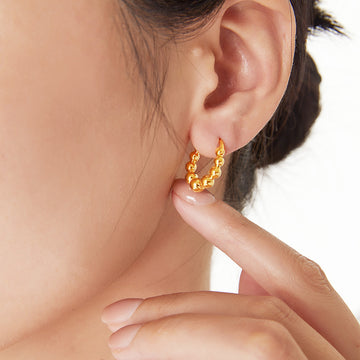 Gold Beaded Hoop Earrings Small Round Balls Copper Pair