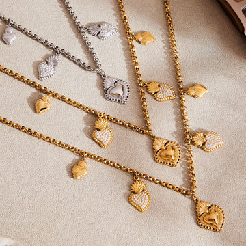 Gold Steel Heart Celestial Multi Charm Necklace Bracelet Set