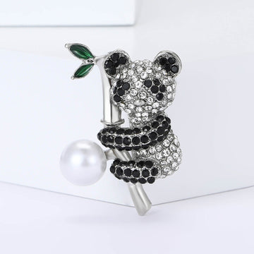 Pearl Panda With Bamboo Brooch With Faceted Crystals And Polished Metal Details