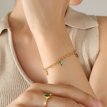 Gold Heart Link Bracelet Multicolor Baguette Zircon Charms