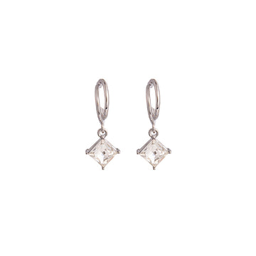 Silver Huggie Hoop Earrings Square Clear Crystal Drop