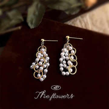 Gold Multi Ring Pearl Cascade Cluster Drop Earrings