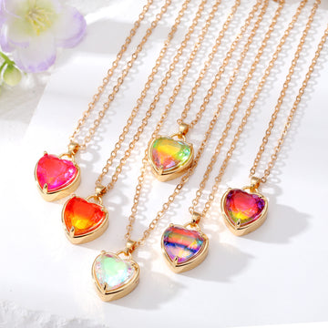 Gold Tone Iridescent Faceted Heart Pendant Necklaces in Six Colors