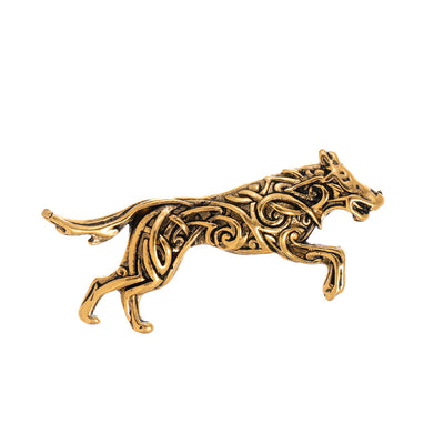 Front product view of the wolf head brooch pin in gold