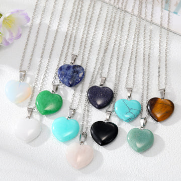 Silver Tone Heart Stone Style Pendant Necklaces in Eleven Colors